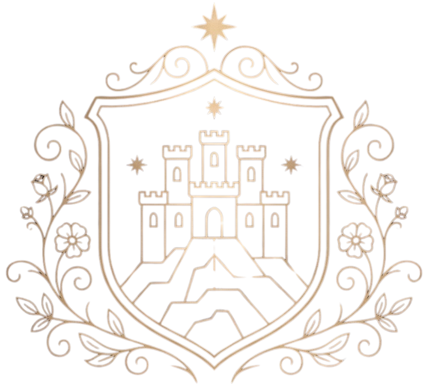 A gold line-art crest featuring a castle on a hill with stars, framed by decorative floral vines and scrollwork, centered on a white background.