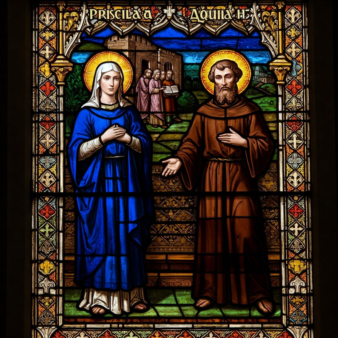 A stained glass window depicting Priscila and Aquila