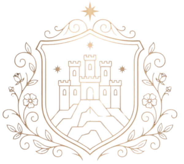 A gold line-art crest featuring a castle on a hill with stars, framed by decorative floral vines and scrollwork, centered on a white background.